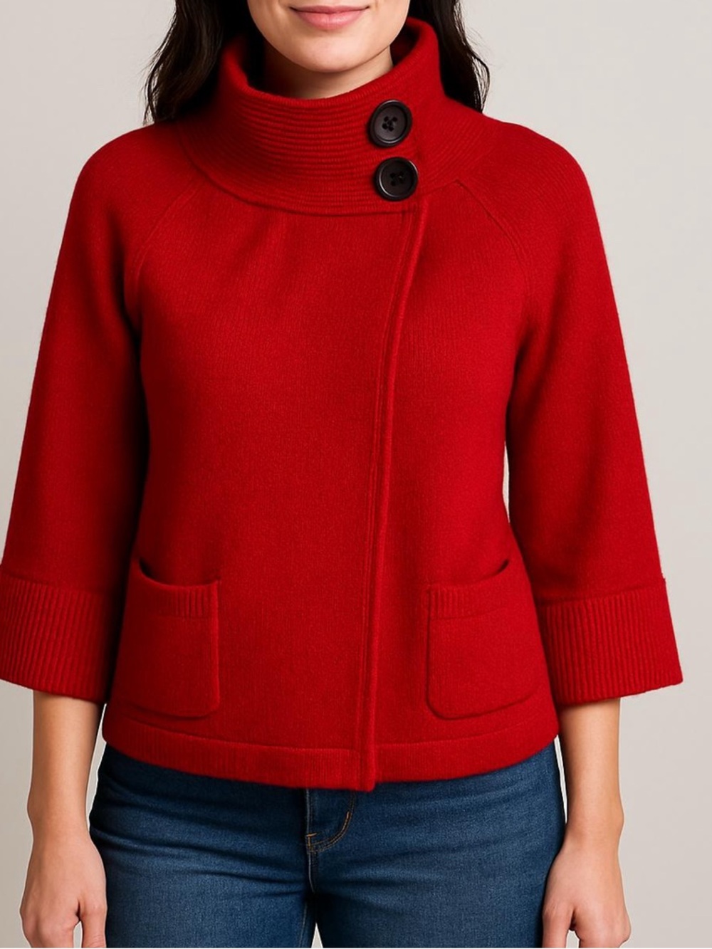 Jones New York Luxe Red Wrap High Neck Fine Merino Wool Sweater Size M